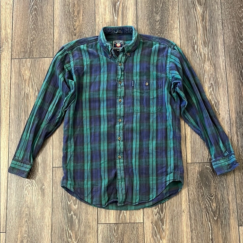 Vintage Chaps Ralph Lauren Green Blue Plaid Flannel Button Up Men’s Medium Shirt